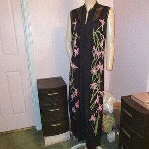 Vtg Gauze Maxi Dress & Duster Size S Embroidered 2 Piece Sheer Asian Dynasty 80s